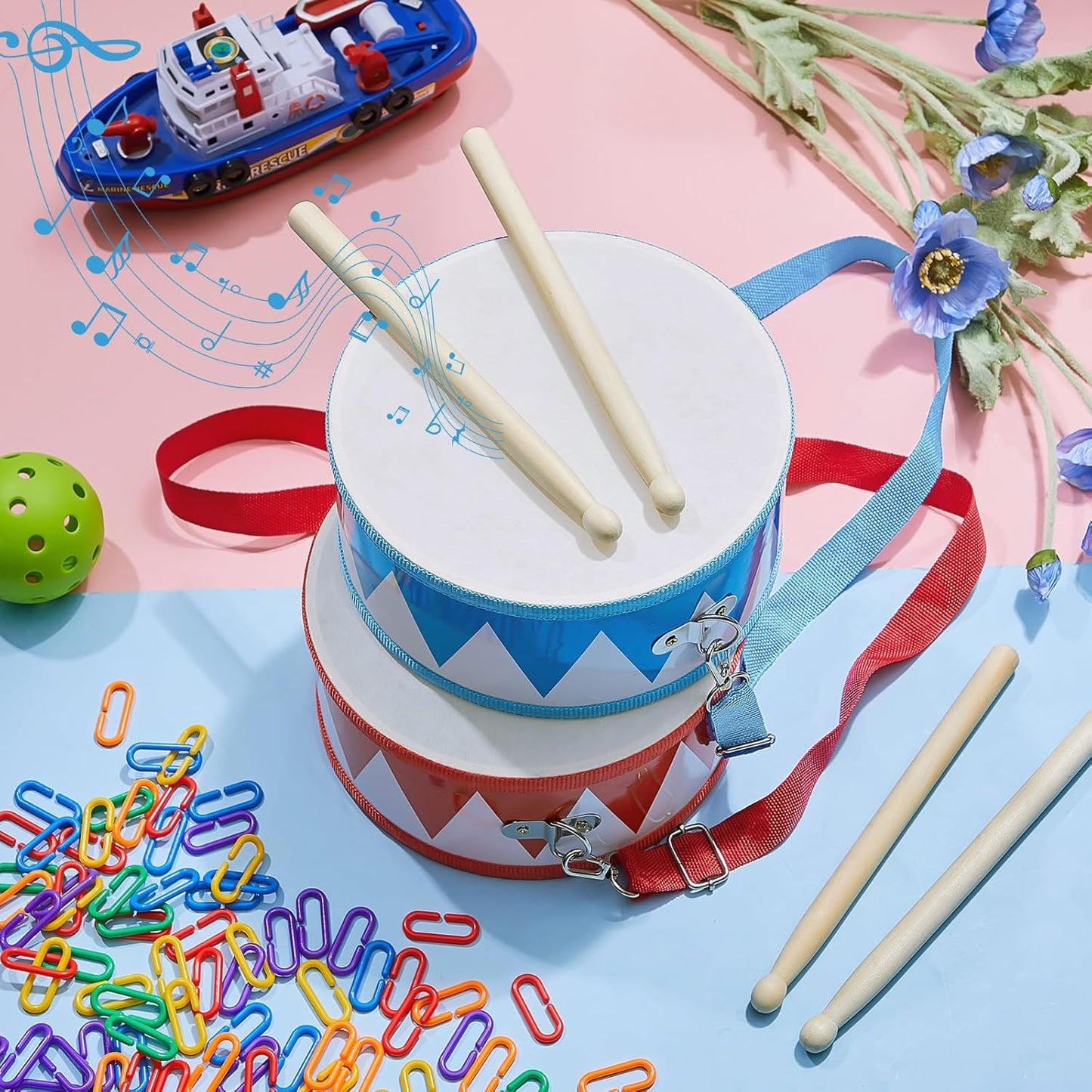 Boao 2 Pcs Kids Drum Set, 8 Inch Toddler Drum Wooden Toy with Adjustable Strap and 4 Drumsticks, Educational Sensory Musical Instrument for Toddlers Kid Baby Boys Girls Gift (Flag)