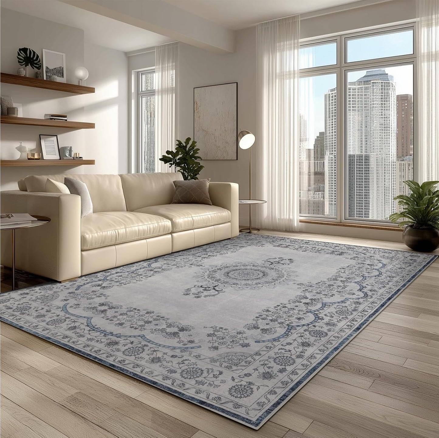 9x12 Area Rug Living Room Rugs, Stain Resistant Washable Rug, Vintage Large Non-Slip Backing, Low Pile Lightweight Print Rug for Bedroom Dinning Room Home Office (Grey/Blue)