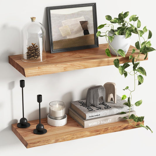 Rustic Elm Wood Floating Shelves for Wall, Live Edge 24"W x 9.2"D x 1.4"H, Set of 2 with Invisible Bracket, Wall Mounted Storage Shelves for Living Room Bedroom Kitchen Bathroom Decor, Natural Finish