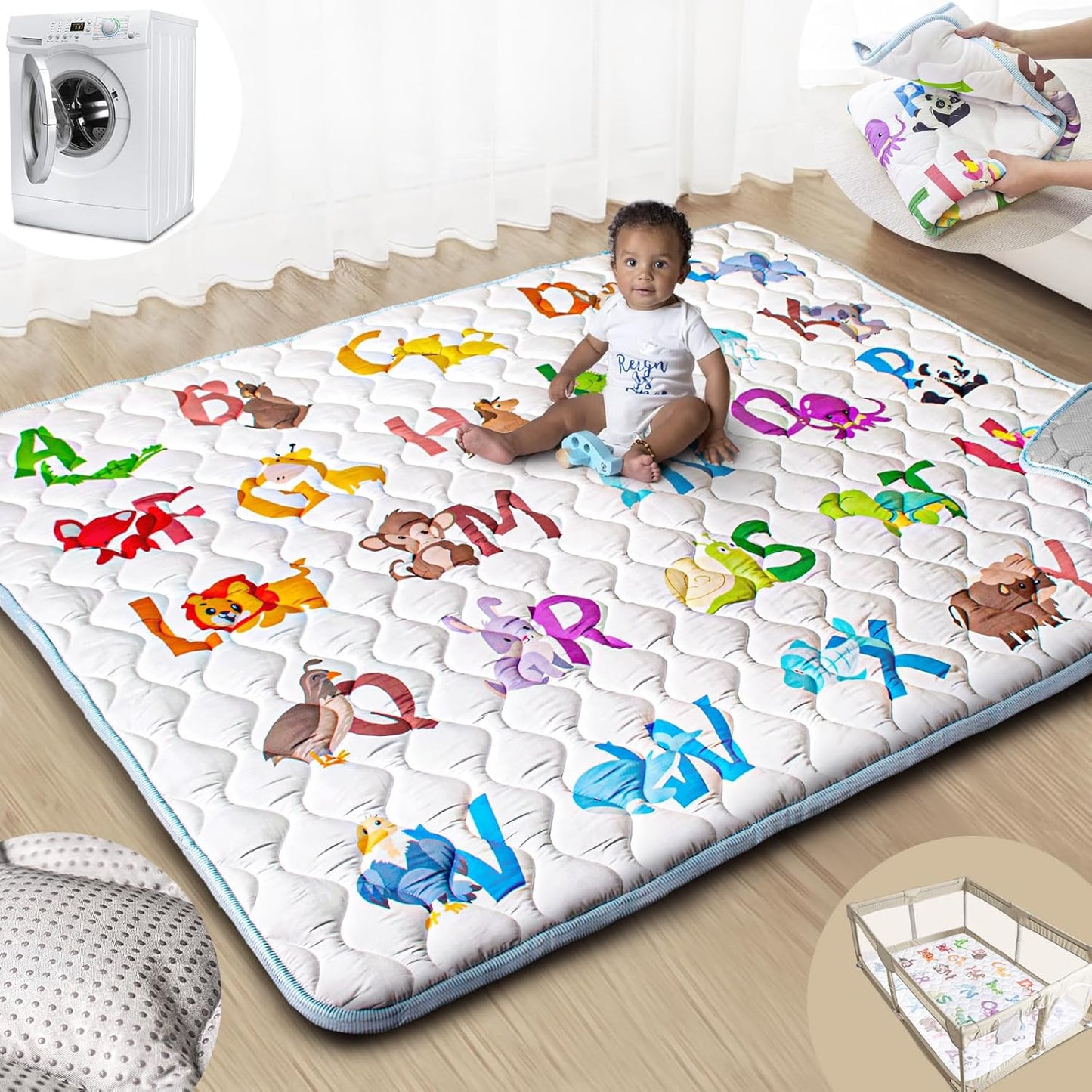 Baby Play Mats for Floor, 71”x59” Upgraded Thickness & Larger Super Soft Playmat for Babies and Toddlers, Foldable Washable, Upgrade Anti-Slip Crawling Mat for Playpen(Animal Alphabets)