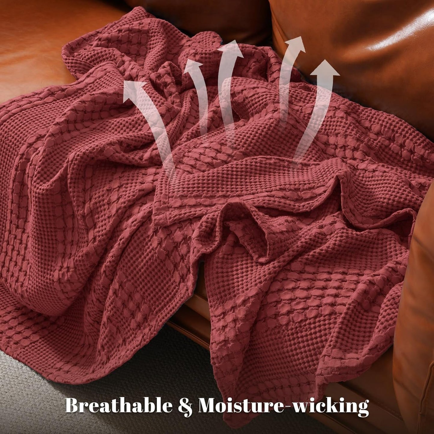 PHF 100% Cotton Waffle Weave Blanket Twin Size, Soft Lightweight Breathable Cozy Summer Blankets for Bed, Luxury Aesthetic Woven Bedding for Home Decor, 66"x90", Wine Red