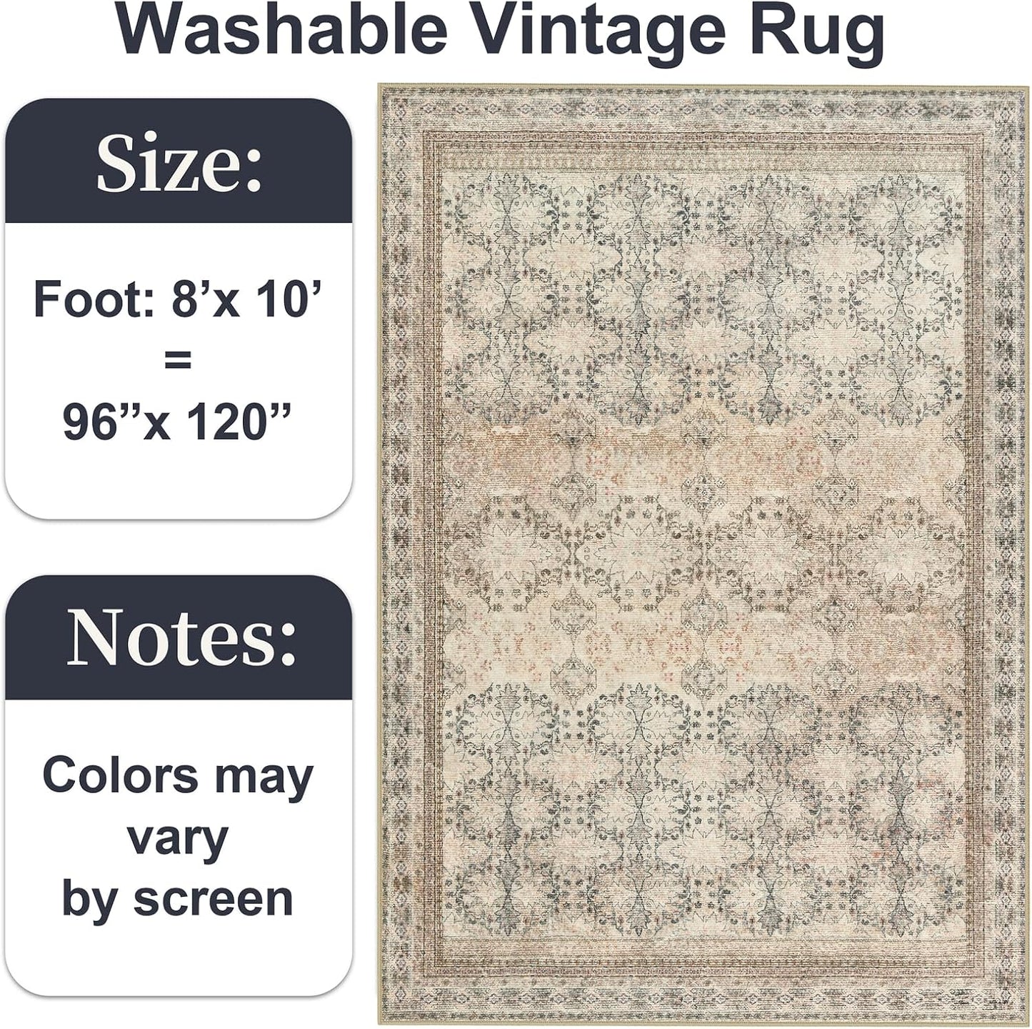 Large 8x10 Washable Area Rug for Living Room, No Shedding Vintage Floral Print Rugs Non Slip, Indoor Foldable Thin Retro Accent Carpet for Bedroom Farmhouse Dining Room Beige/Pink/Orange