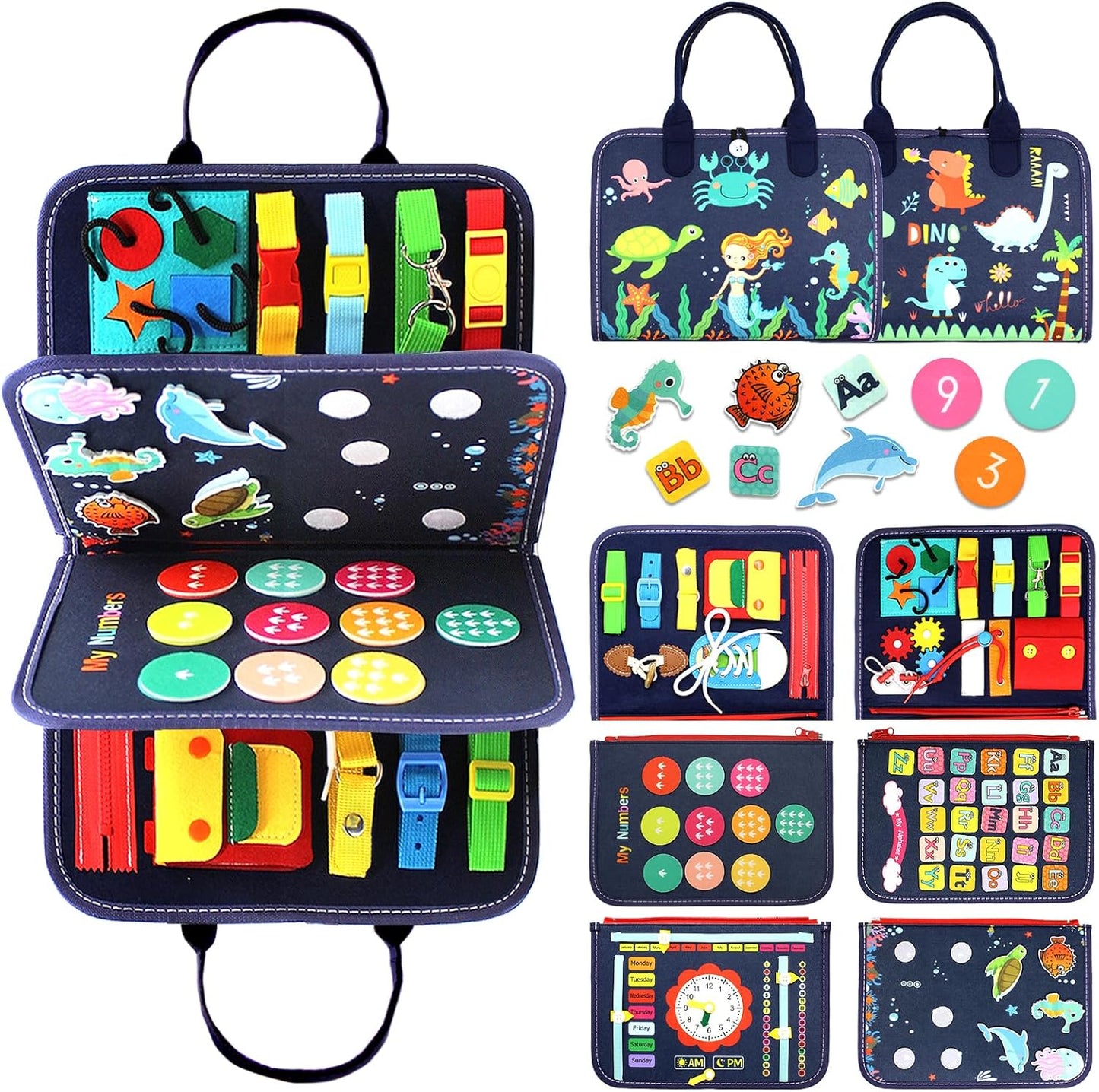 Qizfun Busy Board Montessori Toy for 1 2 3 4 Years Old, Educational Activity Sensory Board Preschool Learning Fine Motor Skills Toys, Toddler Travel Toy for Plane Car, Gift for Boys Girls (Blue/P4)