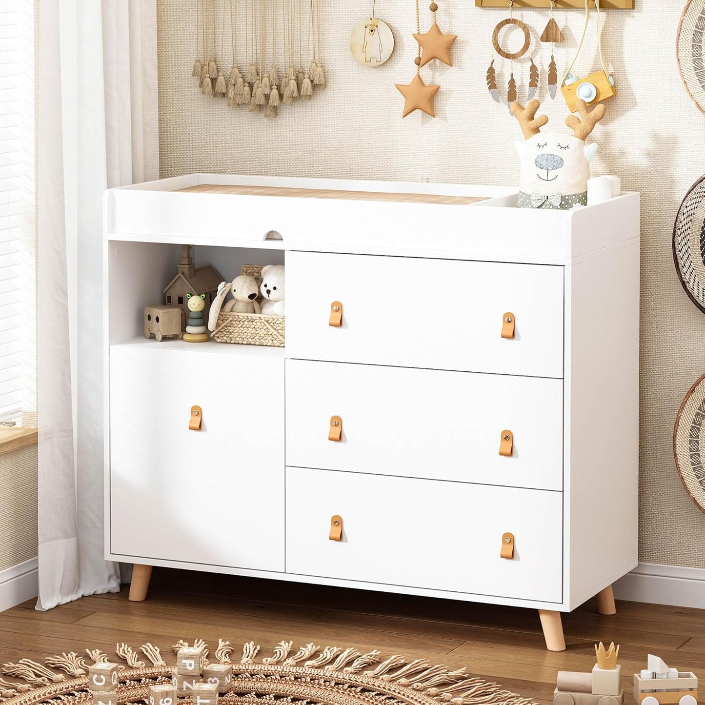 Baby Dresser Changing Table with Drawers,Shelf,Hidden Laundry Basket Storage,2 in 1 Nursery Dresser Chest for Infants, Baby Diaper Changing Station for Daycare,Bedroom,White
