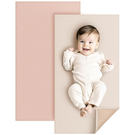 Konssy Faux Leather Baby Changing Mat 2 Pack, Waterproof, Wipeable & Portable Diaper Changing Pad for Travel or Home, Foldable Mat Fits Perfectly in Diaper Bag, 30 x 17 inches (Blush,Beige)