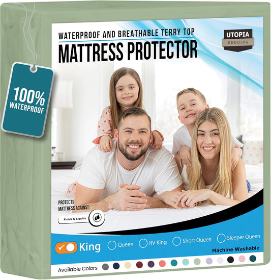 Utopia Bedding Waterproof Mattress Protector King Size, Premium Terry Mattress Cover 200 GSM, Breathable, Fitted Style with Stretchable Pockets (Sage)
