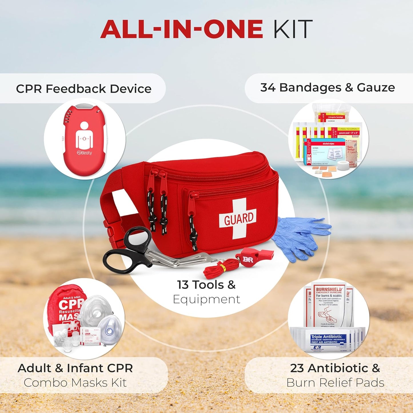 Ever Ready First Aid, Fanny Pack/Hip Pack, Fully Stocked First Aid Kit with Adult & Infant CPR Combo Masks with Beaty