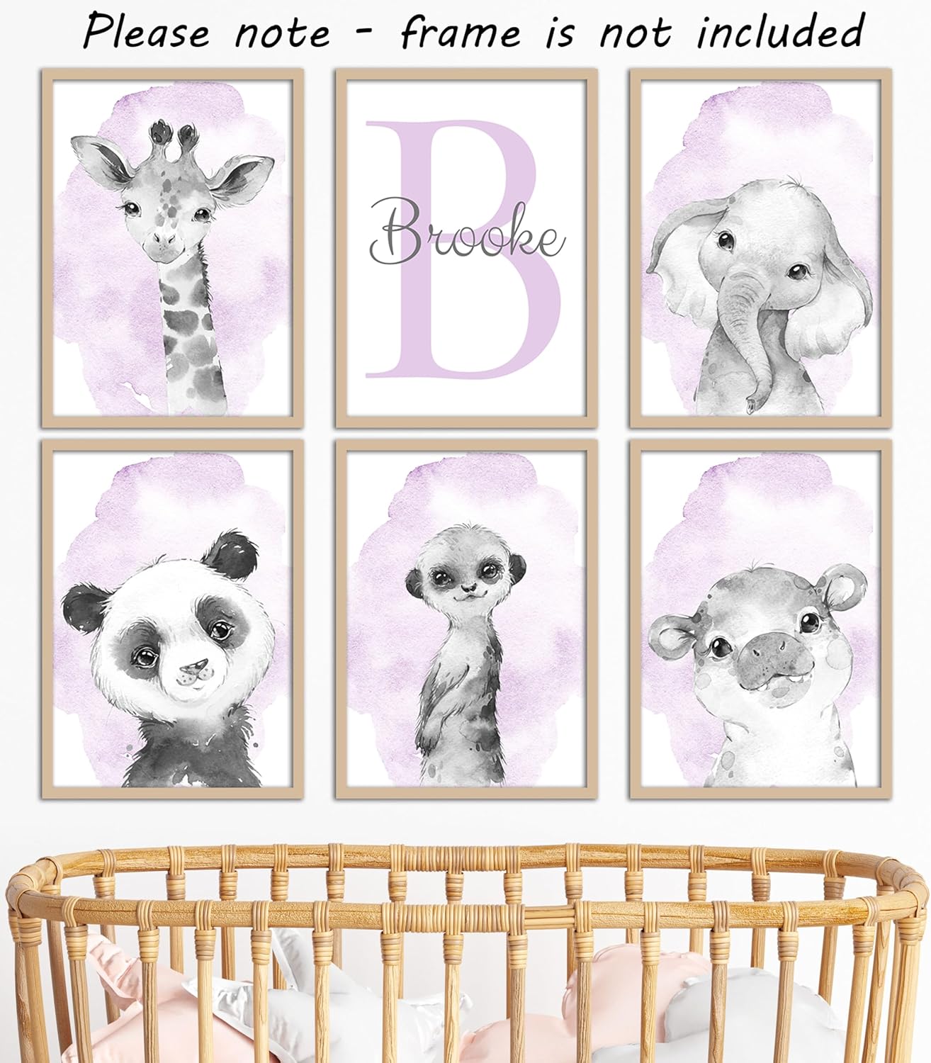 Safari Animals Set of 6 Unframed Poster Prints for Baby Girls Nursery Bedroom Playroom, Personalized Name, Choice of 12 Animals, Pink Purple (9x12)