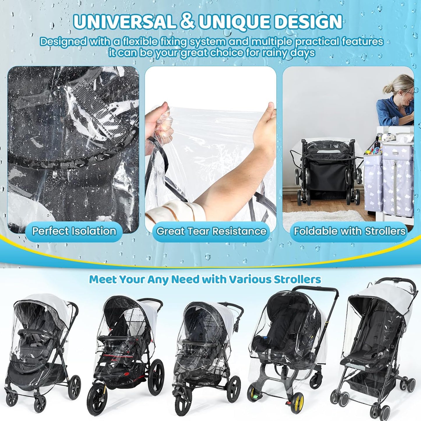 Universal Clear Stroller Rain Cover, No-Zip Waterproof Stroller Cover - Food Grade EVA & Frosted PVC, Baby Travel Weather Shield, Breathable Rain Cover for Most Single Strollers, Black