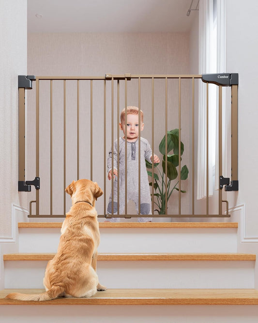Cumbor 29.2-43" No Bottom Bar Baby Gate for Stairs, 2-in-1 Auto Close Dog Gate Indoor, Hardware Mounted Pet Gate for Doorways with Large Walk Thru Door, Child-Proof Safety Gate for Kids (Brown)