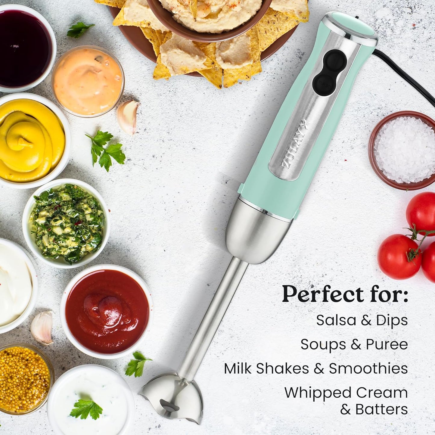 Zulay Immersion Stick Mixer Hand Blender - 800 Watts, Turbo Mode, 5-ft Power Electric Cord, Handheld Portable, Stainless Steel Blades - For Effortless Blending Smoothie, Soup, Baby Food, Puree - Aqua