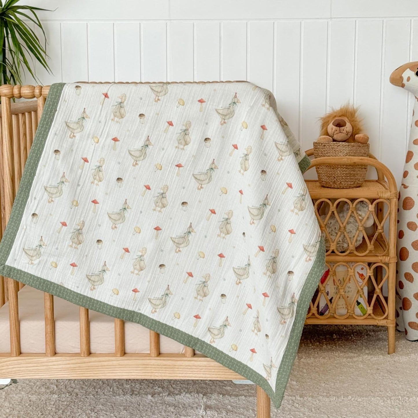 Personalized Baby Blanket with Name – Handmade 100% Organic Cotton Newborn Gift | Custom Knit Blanket for Boys, Girls, Kids & Baby Showers (Sage Green/Goose & Cap)