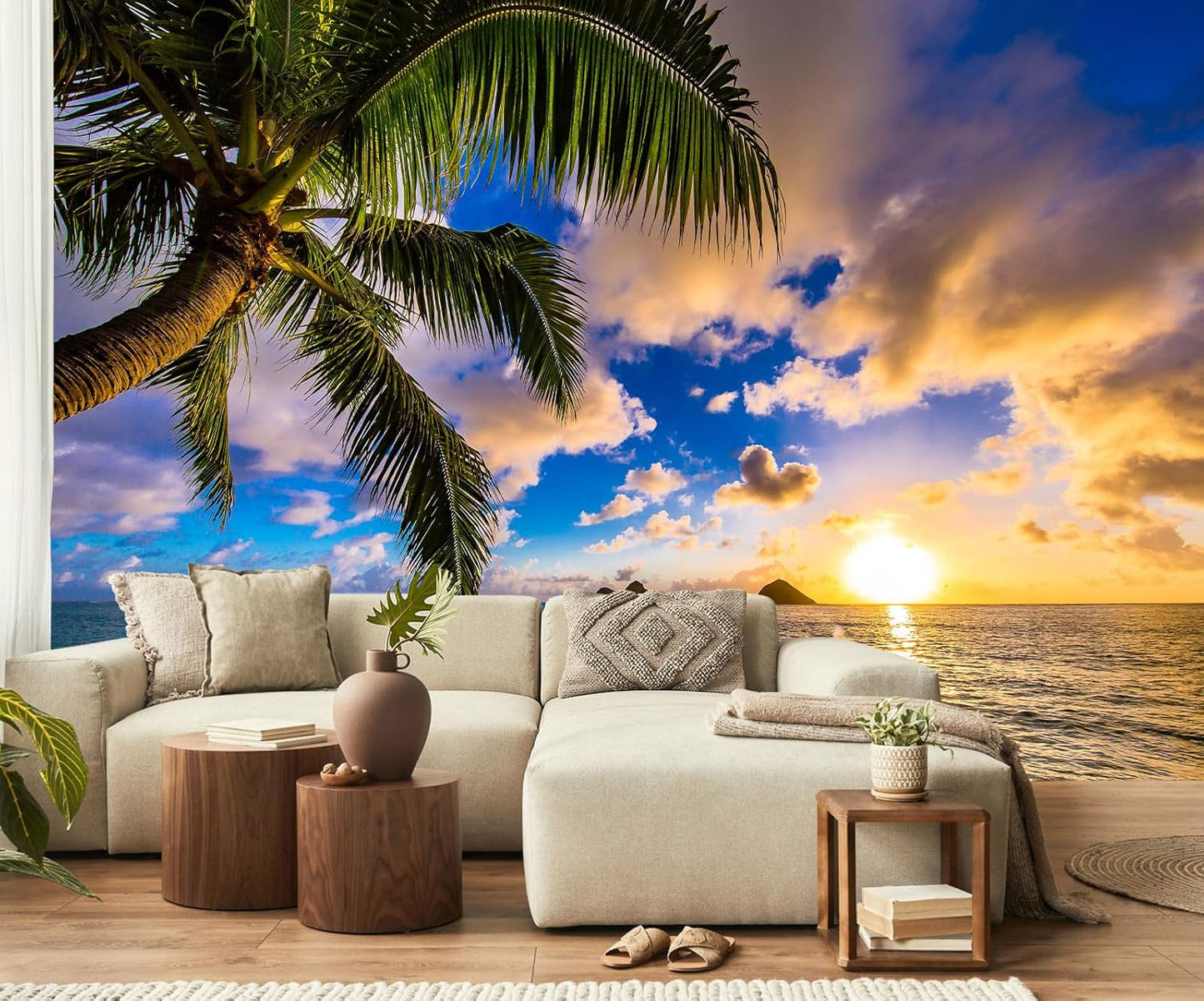 Sunset Seascape Wallpaper Palm Tree Beach Wall Mural for Living Room Bedroom Dining Room Basement(Not Self-Adhesive)