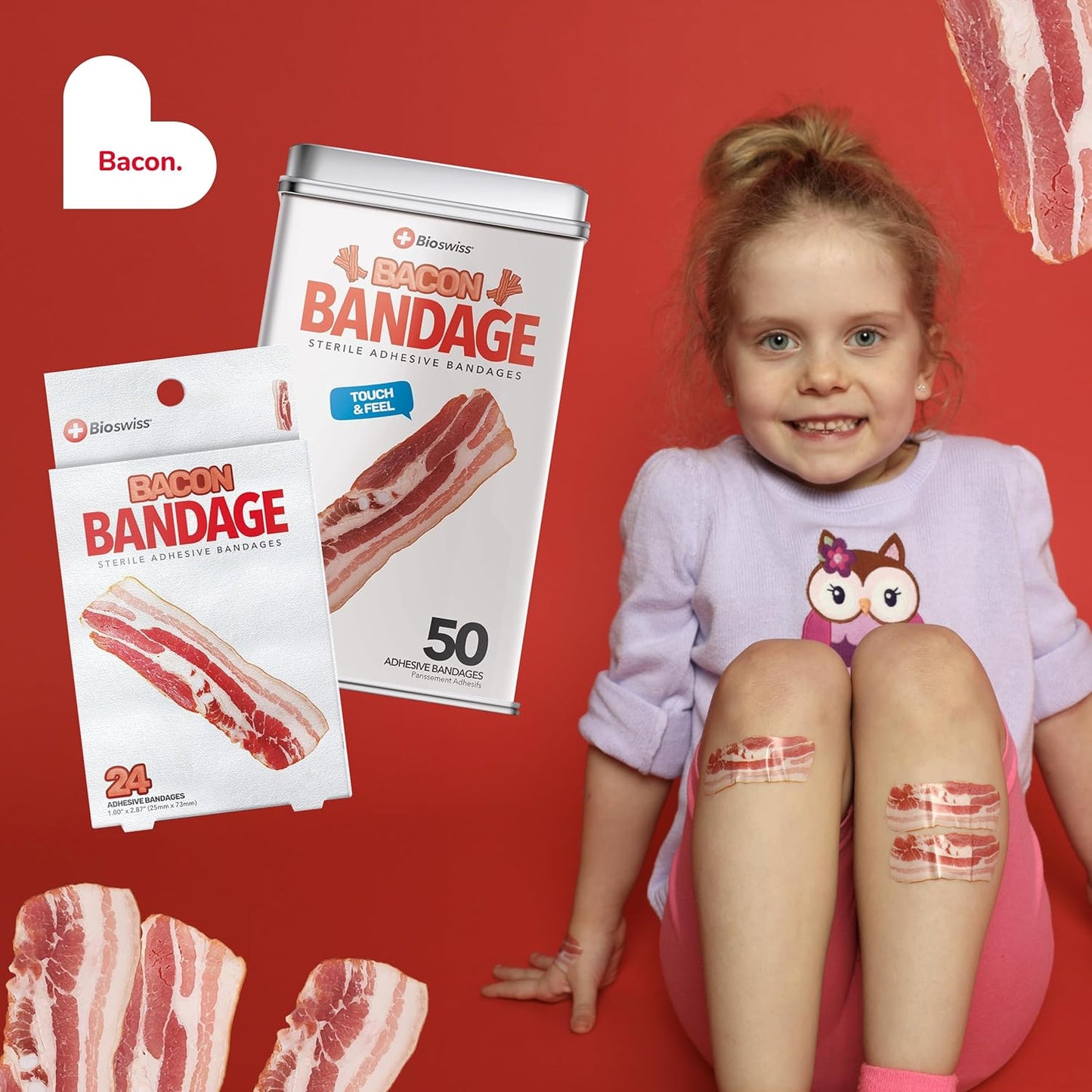 BioSwiss Bandages, Bacon Shaped Self Adhesive Bandage, Latex Free Sterile Wound Care, Fun First Aid Kit Supplies for Kids, 50 Count