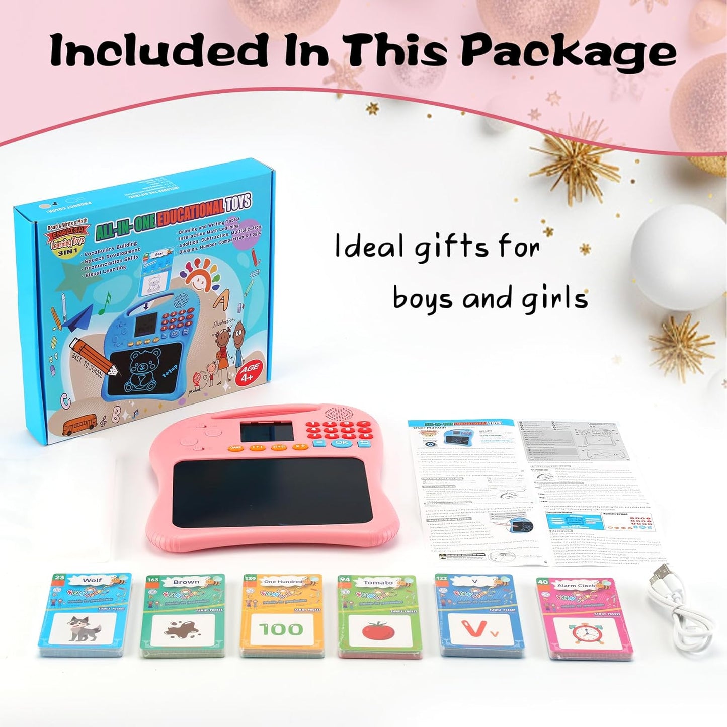 Kids Educational Learning Toys with Math Games,Talking Flash Cards and Writing Drawing Tablet, Speech Therapy Autism Sensory Toys Gifts for Toddler Preschool Activities Boys Girls Ages 3-10 (Pink)