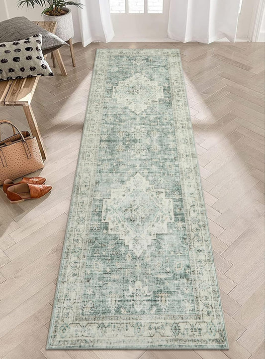 LIVEBOX Washable 2.5x8 Runner Rugs for Entryway Bathroom, Boho Kitchen Floor Mats Long Rug Runners for Hallways Non Slip, Farmhouse Low-Pile Carpet Runners for Laundry Room, Sage Green