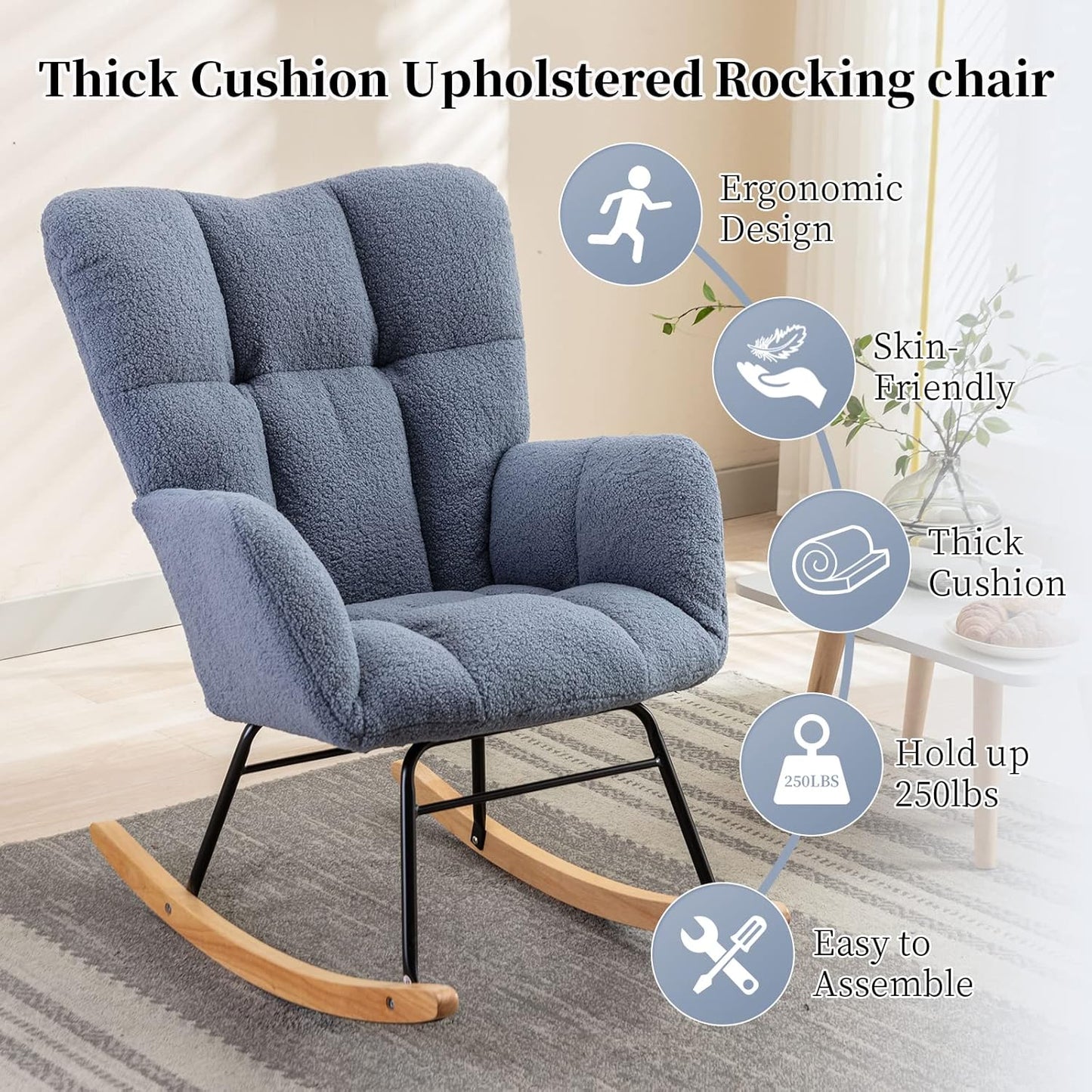 NIOIIKIT Nursery Rocking Chair Teddy Upholstered Glider Rocker Rocking Accent Chair Padded Seat with High Backrest Armchair Comfy Side Chair for Living Room Bedroom Offices (Light Blue)