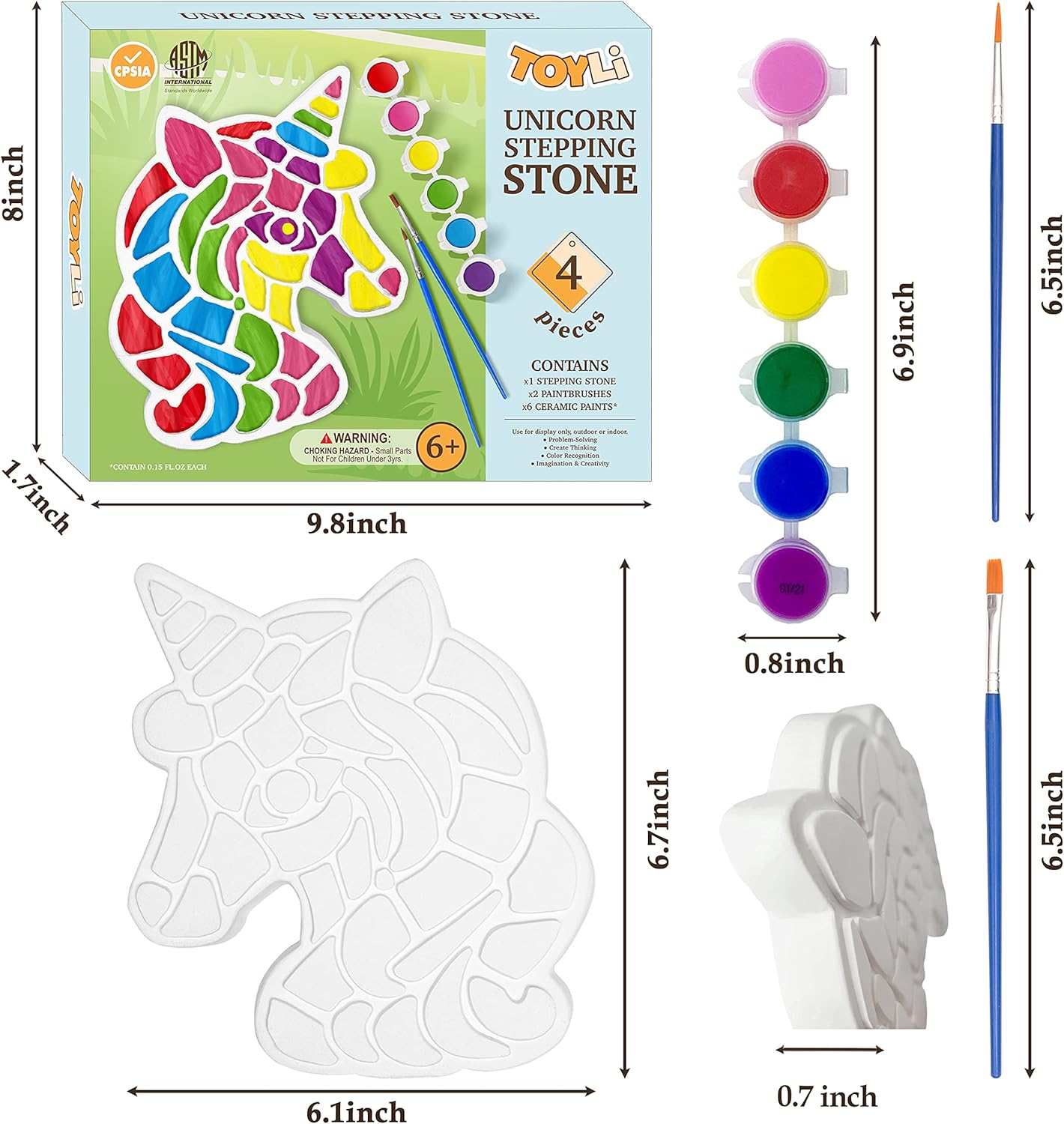 TOYLI Unicorn Painting Kit for Kids, Art Set, DIY Project, Stepping Stone Kit, Includes 2 Brushes and 6 Paints, Mess-Free Arts and Crafts