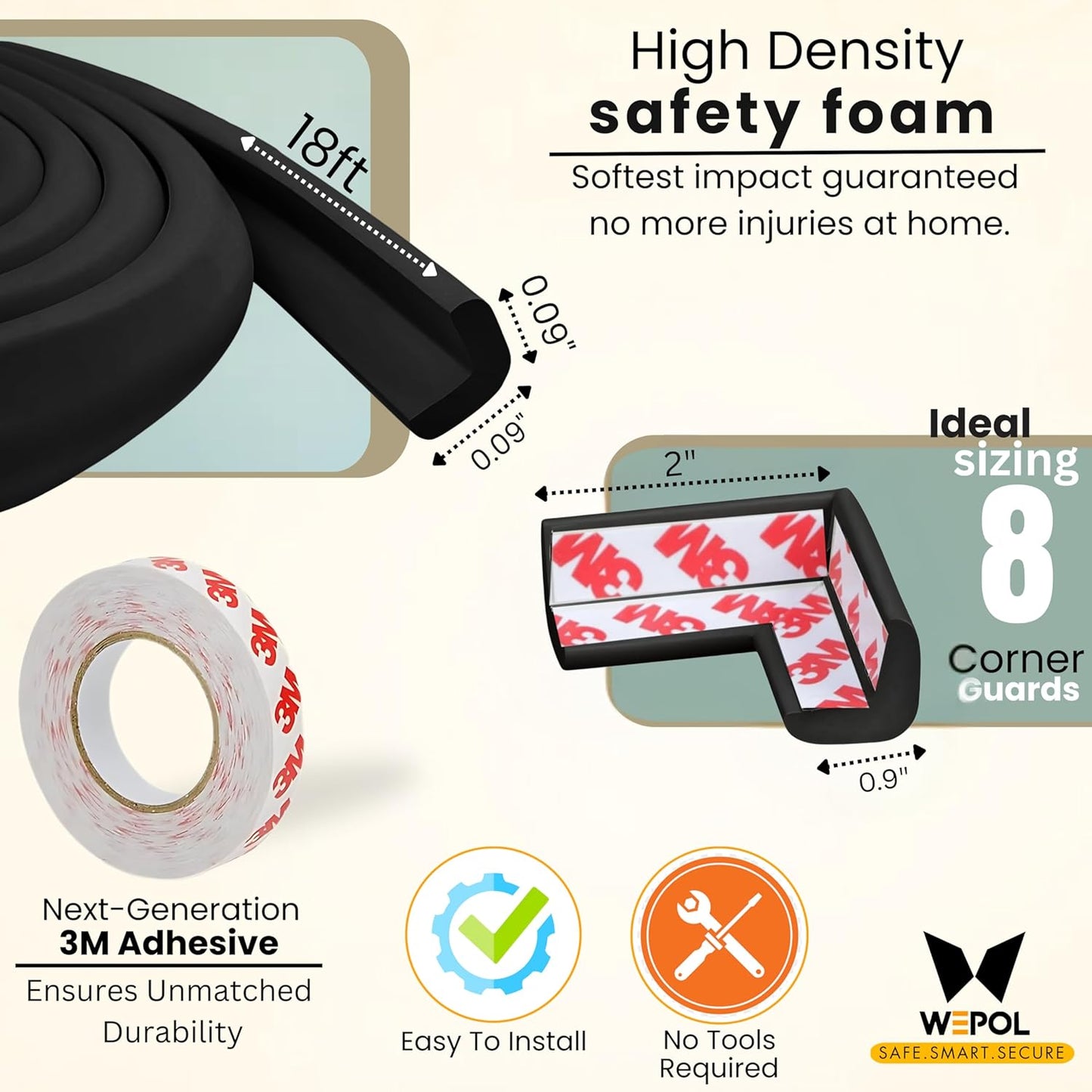 Table Edge Protector for Baby Proofing (18ft Edge+8 Corners) Baby Proof Corners and Edges Guard, Soft NBR Rubber Foam 3M Adhesive, Furniture Corner & Edge Safety Bumpers for Table & Fireplace-Black