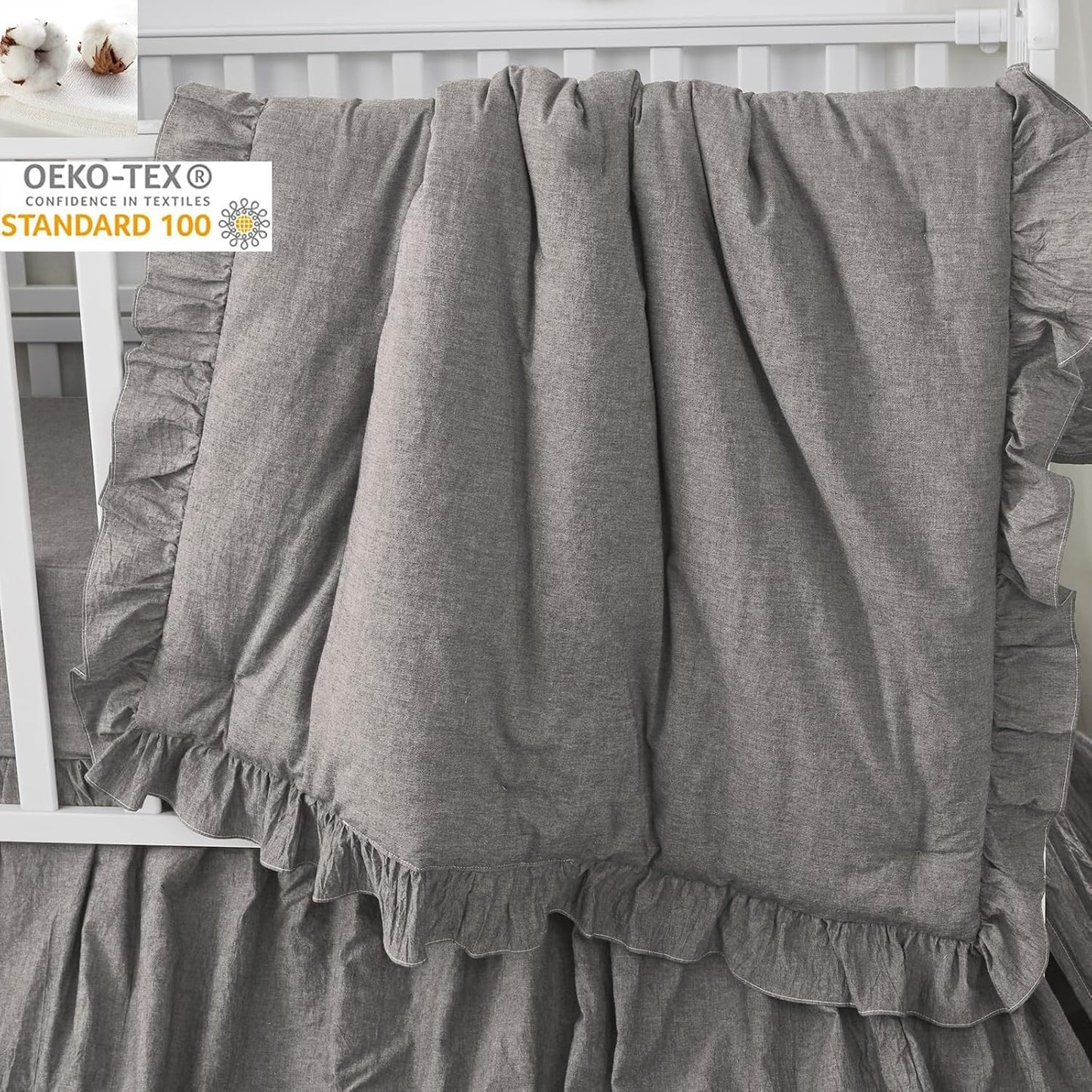 Brandream Baby Crib Bedding Set for Girls Boys Gender Neutral Boho Bohemian Farmhouse Chic Ruffle 6-Piece Nursery Bedding Set - 100% Washed Cotton Gray Grey