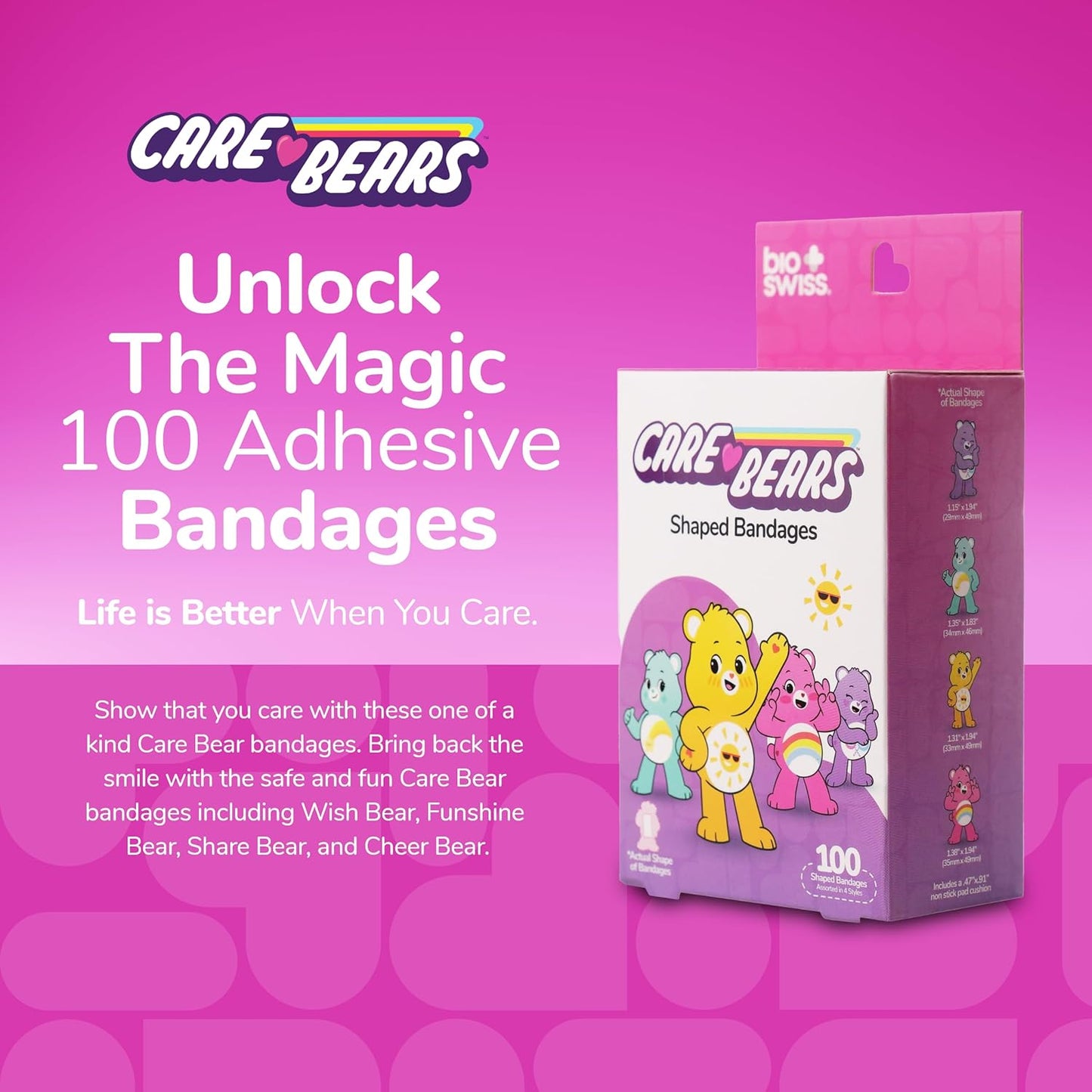 BioSwiss Care Bears Bandages, Unlock The Magic Care Bear Shaped Self Adhesive Bandage, Latex Free Sterile Wound Care, Fun First Aid Kit Supplies for Kids, 100 Count