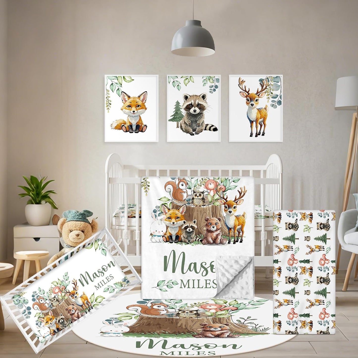 Personalized Baby Bedding Set, 5 Pcs Custom Baby Crib Sets with Name, Toddler Bedding Set for Baby Boys Girls, Forest Animal Double Layer Nursery Bedding Set, Customized Gifts for Infants Kids