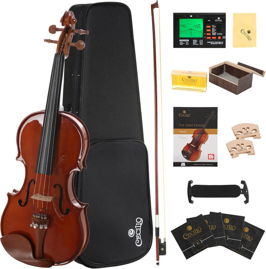 Cecilio 1/2 Size Natural Varnish Violin for Beginners, Hand-Carved Solid Spruce Top, Maple Back & Sides, Full Fiddle Kit with Hard Case, Bows, Rosin, Shoulder Rest, Lesson Book