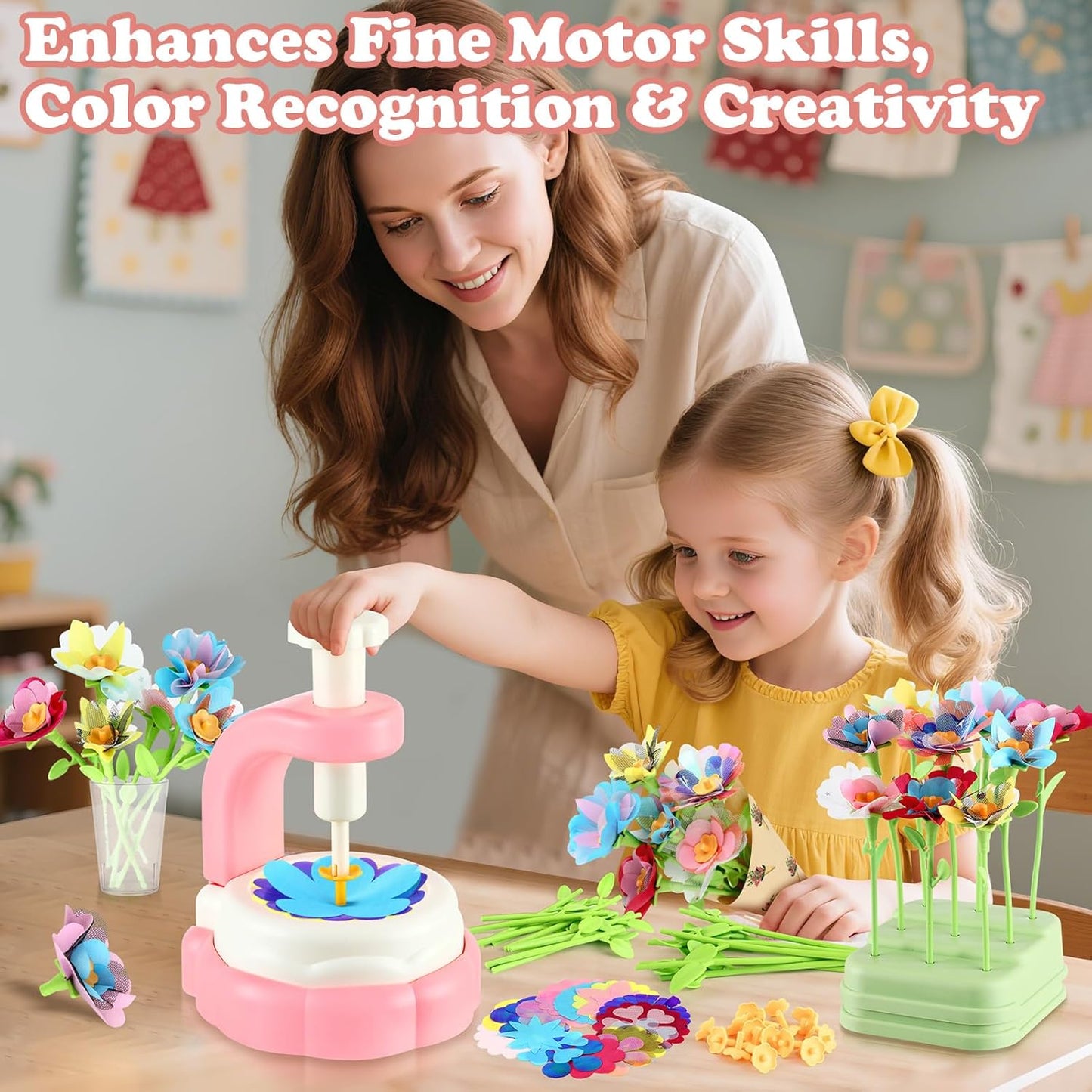 VoyCliza Flower Craft Kit for Girls Ages 4-8 – DIY Bouquet Maker Toy with Wrapping Paper, Creative Art Birthday Gift for Kids, Educational Craft Toys for Girls Age 5 6 7