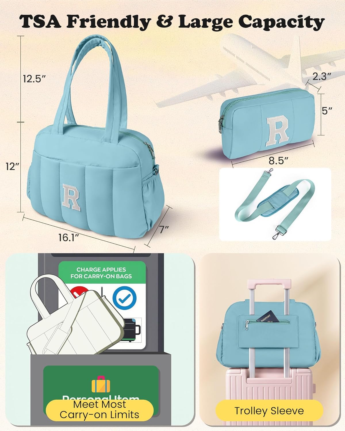 Duffle Bag, Weekender Bags for Girl，Gift for Everyone-Initial Overnight Bag with Wet Pocket，Lightweight Dance Bags Personalized Gymnastics bag with Makeup Pouch