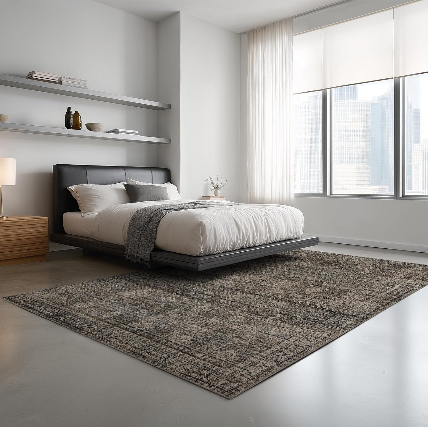 4x6 Washable Area Rug for Living Room, Carpet for Bedroom, Soft Faux Wool Retro Dining Room Rug, Non Slip&Non-Shedding Resistant Low Pile Vintage Print Rug for Home Office (Brown)