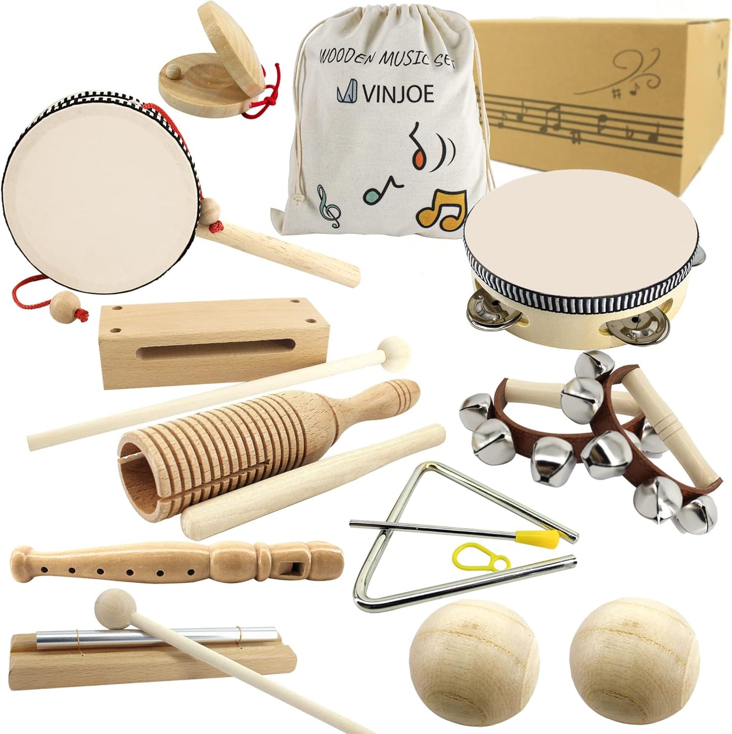 VINJOE Wooden Music Set–Kids Musical Instruments Toys, Natural Wood Percussion Instruments Toy for Kids Preschool Education Baby Musical Toys Instrument Set for Toddlers Best Gifts for Christmas