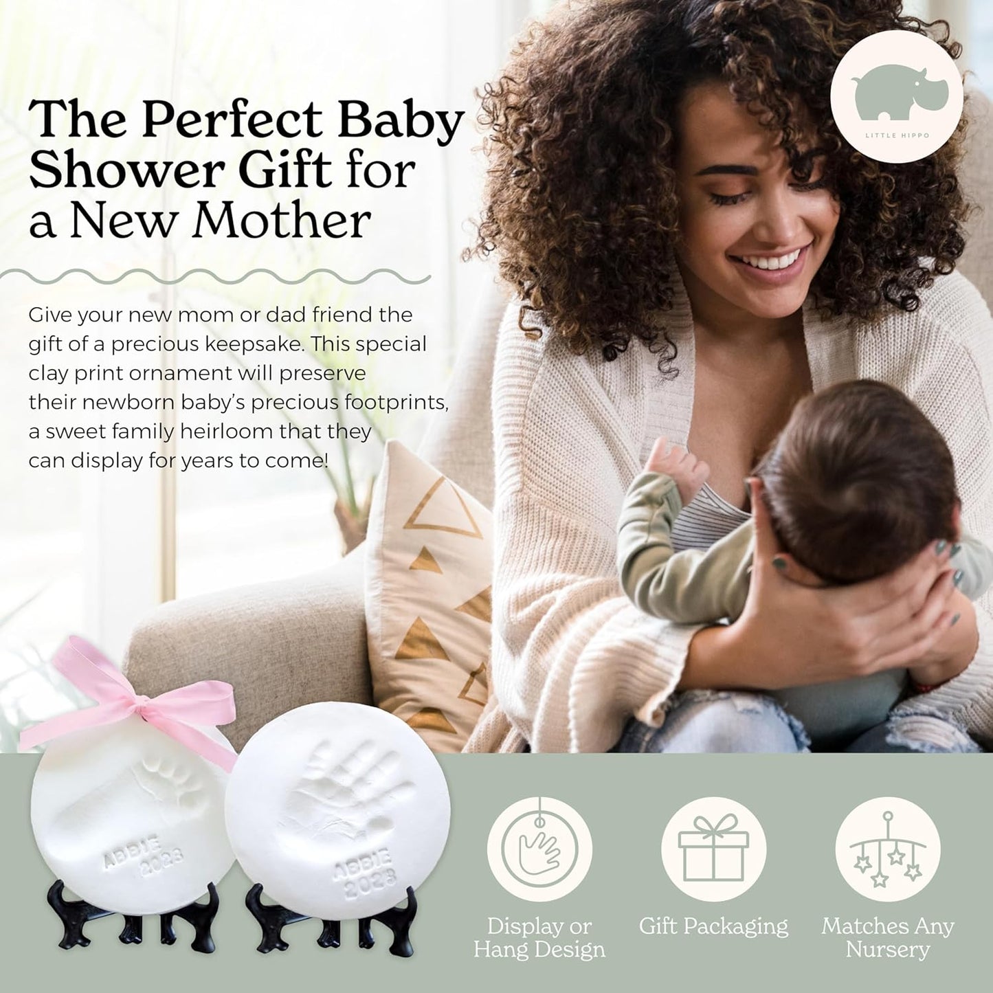 Little Hippo Baby Ornament Keepsake Kit (Newborn Bundle) - 2 Easels, 4 Ribbons & Letters! Handprint and Footprint Clay Casting Kit for Baby Shower Gifts, Boys & Girls