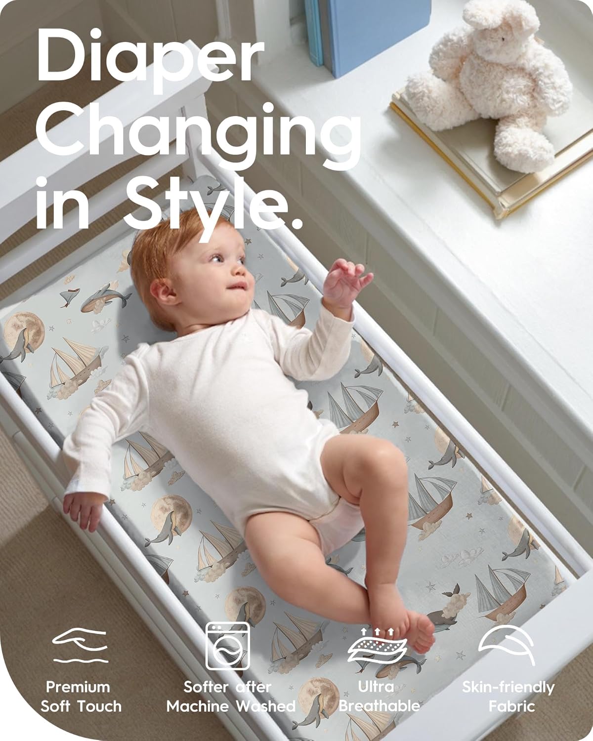 Premium Soft Boho Changing Pad Covers for Girls & Boys - Stretchy Jersey Sheets - Fits Standard Changing Tables - 2 Pack (Whale Dreams)