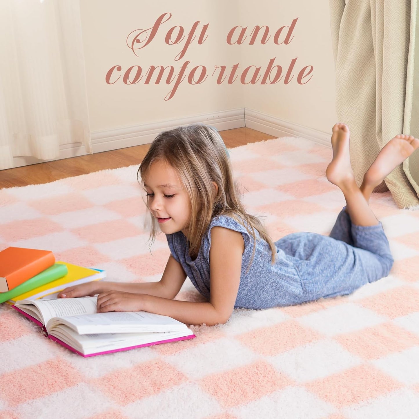 Super Soft Rug for Bedroom, 5x8 Ft Pink and White Area Rug Classic Checkered Shaggy Anti-Skid High Pile Soft Fluffy Rug Fuzzy Carpet for Living Room Bedroom Kids Room Nursery, Dorm Home Decor