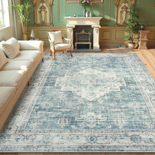LIVEBOX Washable Area Rug 10x14 Rugs for Living Room Bedroom, Non-Slip Boho Indoor Carpet for Dining Room Office, Low-Pile Farmhouse Soft Carpets for Kids Nursery Room Playroom, Blue