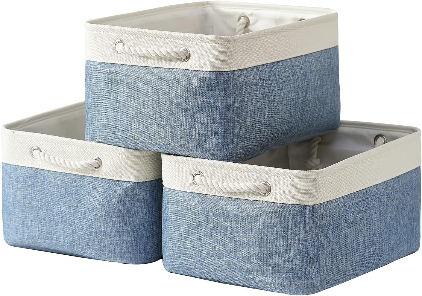TcaFmac Storage Bins for Organization - Large 3 Pack Canvas Storage Basket for Shelves with Handles, Collapsible Baskets for Organizing for Closet Dog Laundry (White & Blue16x12x8 inch)