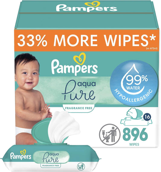 Pampers Baby Wipes Aqua Pure, 99% Water Based Wipes, Hypoallergenic and Unscented Infant Wipe, 896 Total (16 Flip-Top Packs)