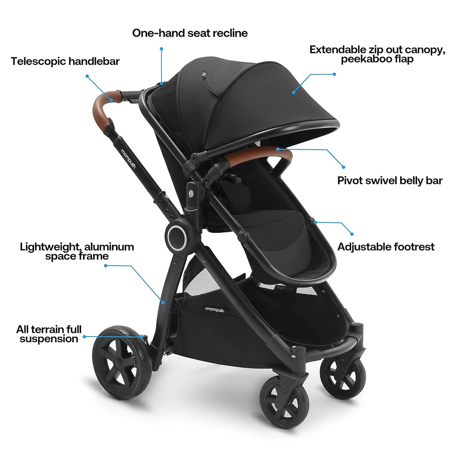 Mompush Ultimate 2 Baby Stroller for Infant and Toddler with Newborn Mode and Reversible Seat, All-Terrain Stroller with All-Wheel Suspension, Includes Car Seat Adapter and Large Storage Basket
