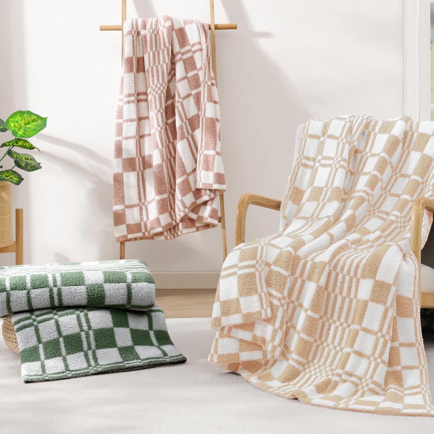 WRENSONGE Checkered Throw Blanket Toast Almond Soft Cozy Fluffy Warm Hand Made Weave Throw Blankets for Couch, Sofa, Chair, Bed, Camping, Picnic, Travel Lightweight Bed Blanket - 60"*80"