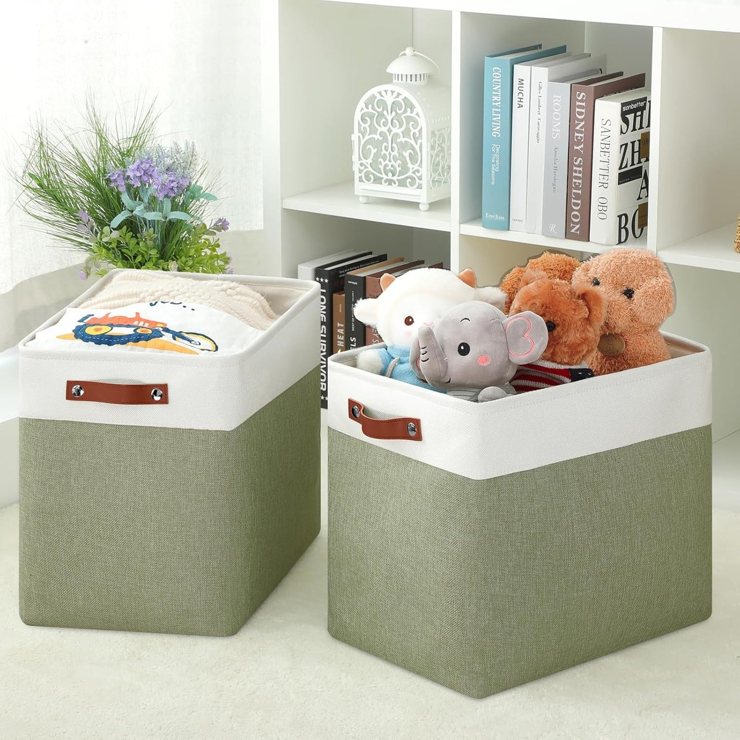 DULLEMELO Extra Large Storage Baskets, 17"x12"x15" Fabric Storage Bins for Organizing Shelves Nursery Toys Books, Collapsible Storage Baskets Rectangular Canvas Bins with Handles, White&Green, 2-Pack