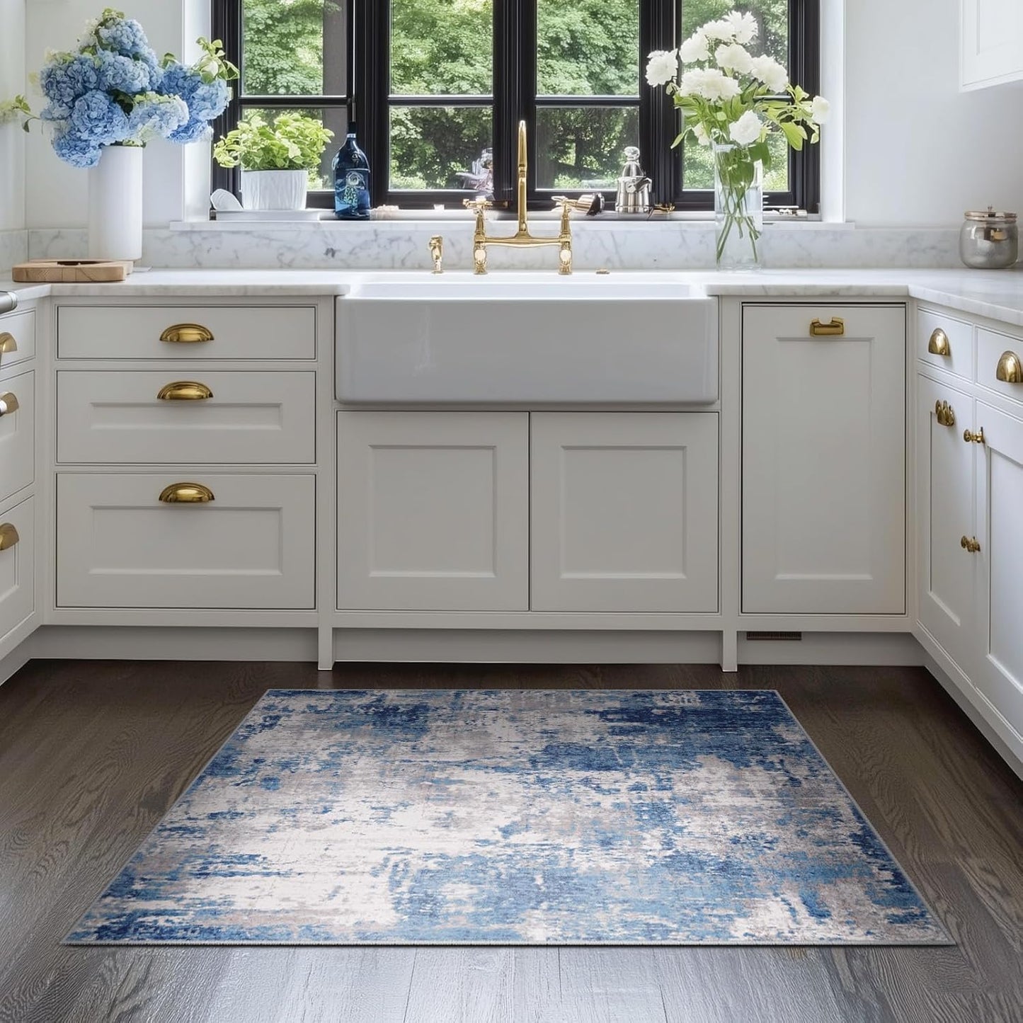 Washable Area Rugs 2'x3' Non-Slip Modern Abstract Soft for Living Room Entryway Bedroom Nursery, Print Pattern, Blue Grey Navy Gray