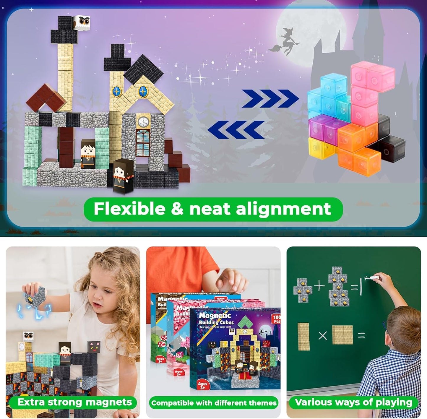 Goody King Magnetic Blocks |100PCS Magnetic Building Blocks Magic‘s House Magnetic Cube,Magnetic Blocks for Kids Ages 3-10,STEM Montessori Stacking Toy, Sensory Tiles Building Christmas for Toddlers
