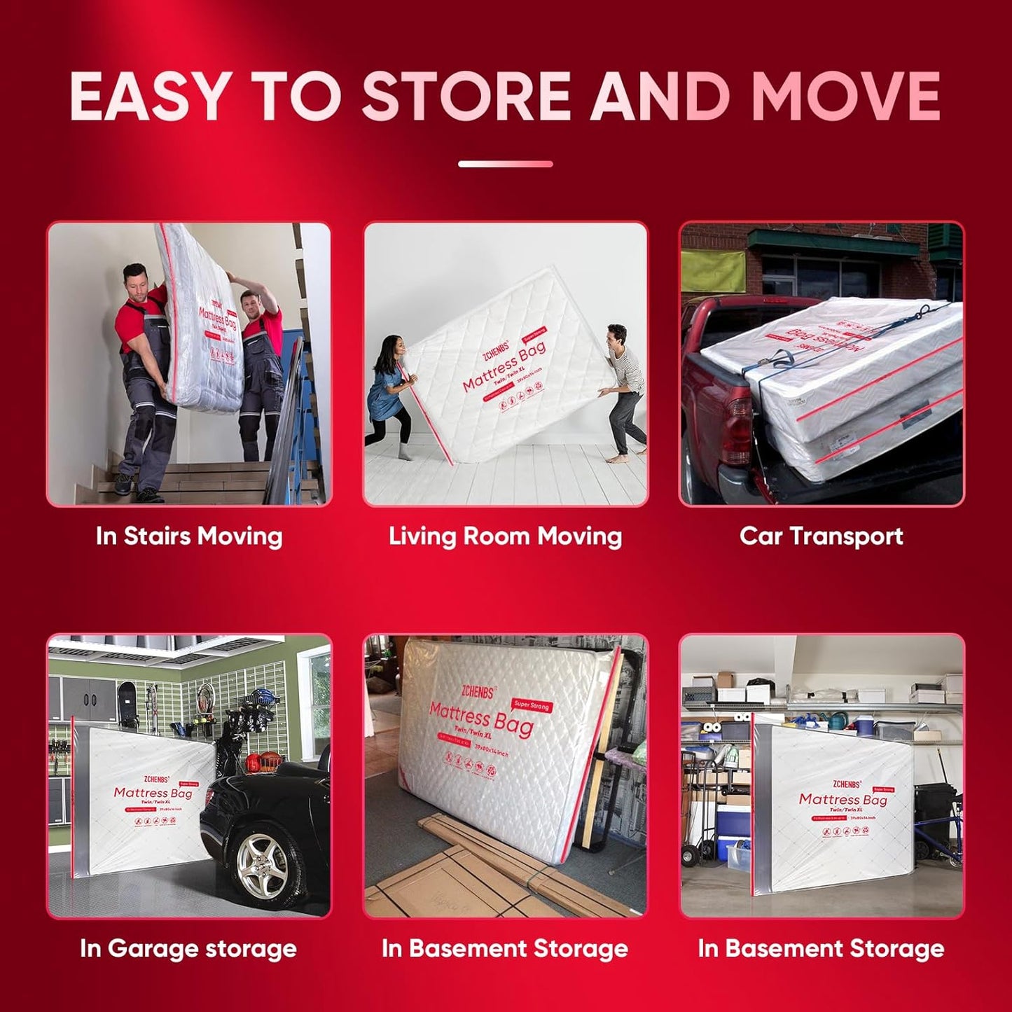 ZCHENBS® – Mattress Bags for Moving and Storage,Mattress Bag with Zippers,5 Mil Ultra-Thick Bed Bag,Waterproof,Anti-Tear,Heavy-Duty Mattress bag (Transaparent/Red, Twin/Twin XL-(1 Pack))