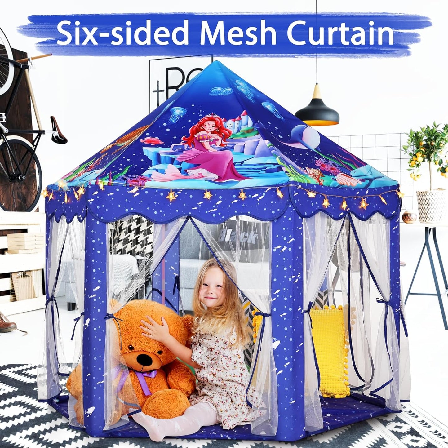 Monobeach Mermaid Princess Tent Girls Blue Large Playhouse Kids Castle Play Tent with Star Lights Gift Toy for Children Indoor and Outdoor Games