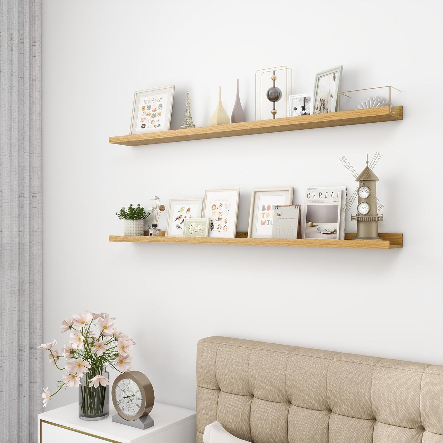 Picture Ledge Shelf, Wood Long Floating Shelves for Wall, Set of 2, 48 inch Picture Ledge Shelves, Photo Ledge Nursery Book Shelves Wall Mounted for Living Room Kids' Room Bedroom, Color Oak
