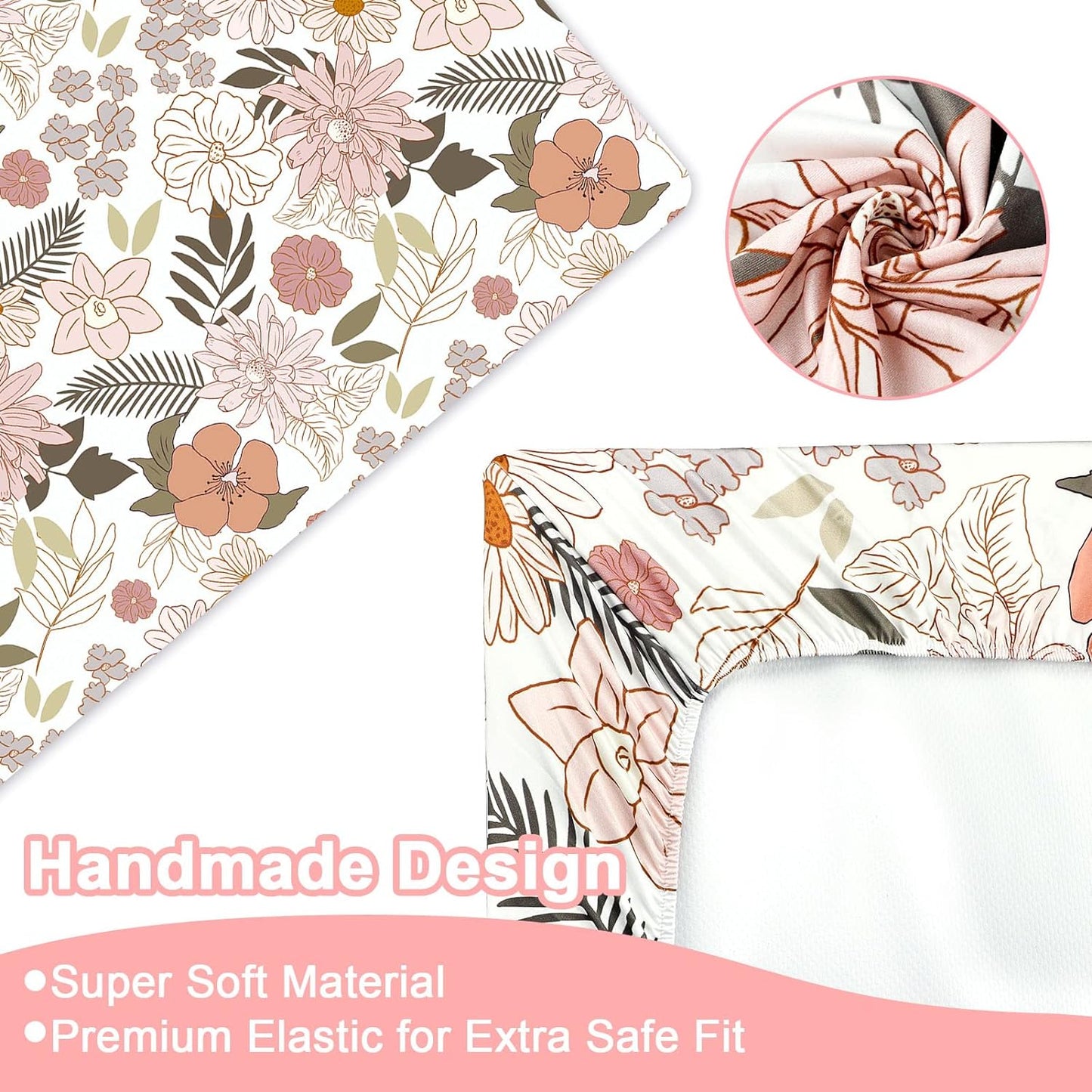 4-Piece Crib Bedding Set for Girls, Pink Baby Girl Bedding Set with Crib Skirt, Baby Quilt, Crib Sheet and Diaper Stacker, Daisy Flower