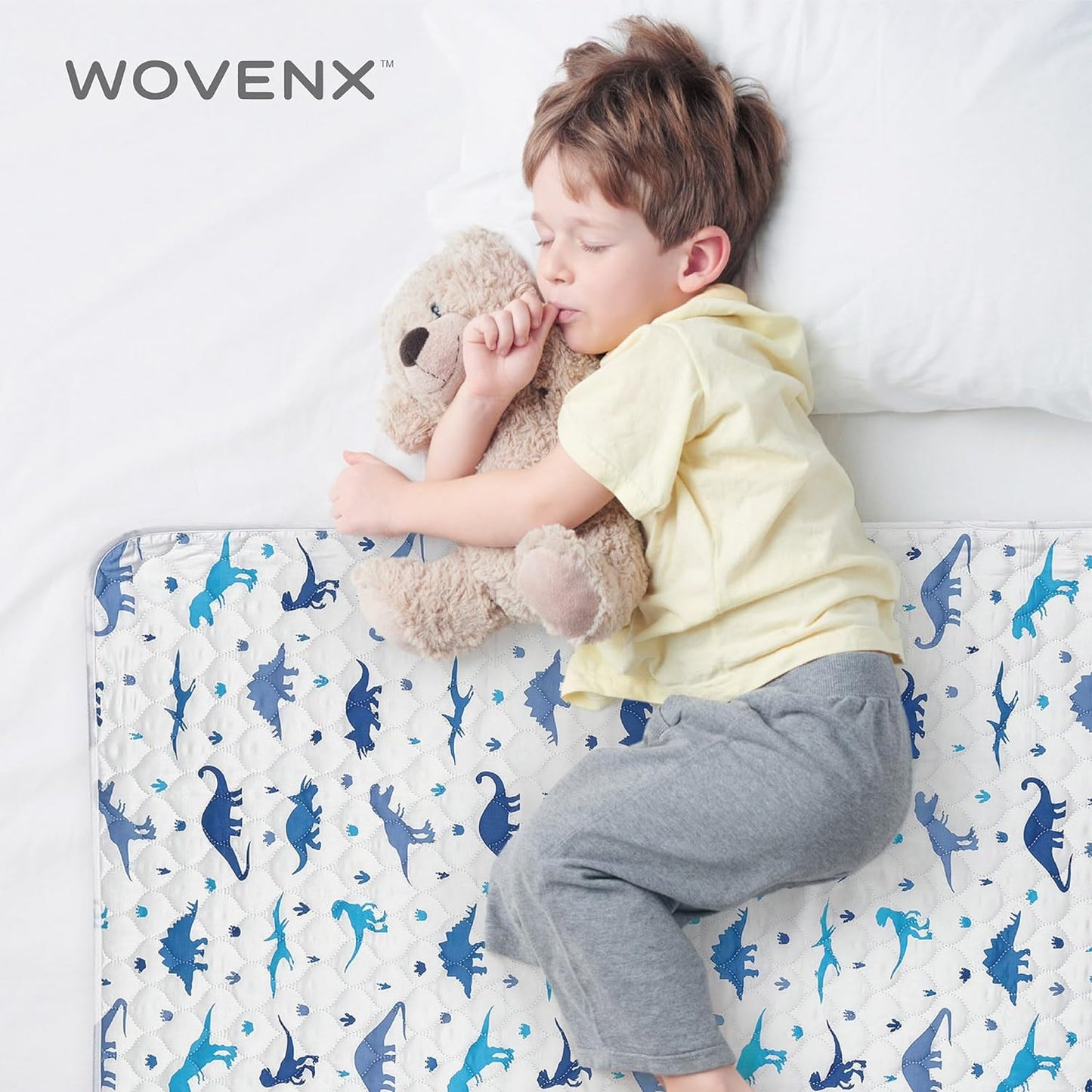 Organic Incontinence Pads for Kids & Toddlers - 5 Layer Waterproof Protectors for Overnight Bed Wetting - Reusable & Washable Pee Pads - Fits Twin to Full Size Beds - 34" x 52" Dinosaur