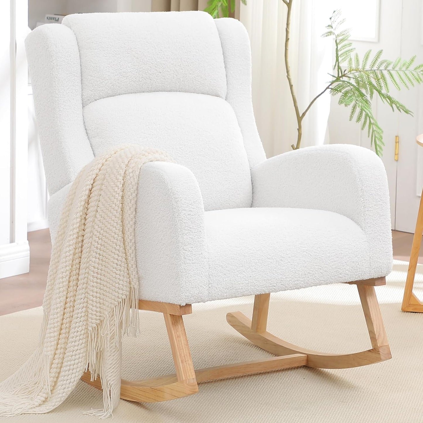 Rocking Chair Nursery, Nursing Rocking Chairs for Mom Nursery, Comfy Wingback Glider Rocking Armchair with Side Pocket for Nursery Living Room Bedroom, Teddy White
