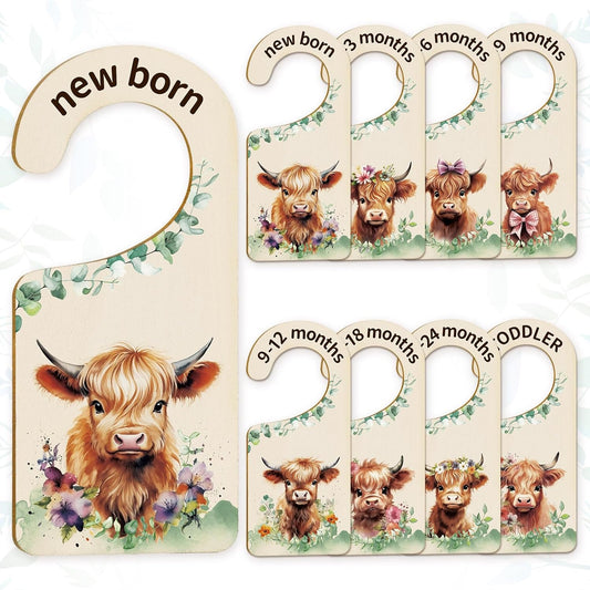 Whaline 8Pcs Baby Closet Size Dividers Watercolor Highland Cow Hanging Wood Baby Closet Organizer Newborn to 24 Months Thicken Baby Wardrobe Organizer
