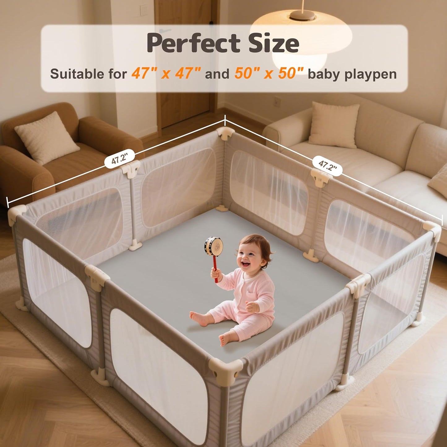 Baby Play Mat 47x47 Inches, Extra Thick 1.2" Foam Floor Mat for Tummy Time & Crawling, Waterproof Non-Slip Faux Leather Playpen Mat for Infants Toddlers, Indoor Outdoor Gym Activity, Gray